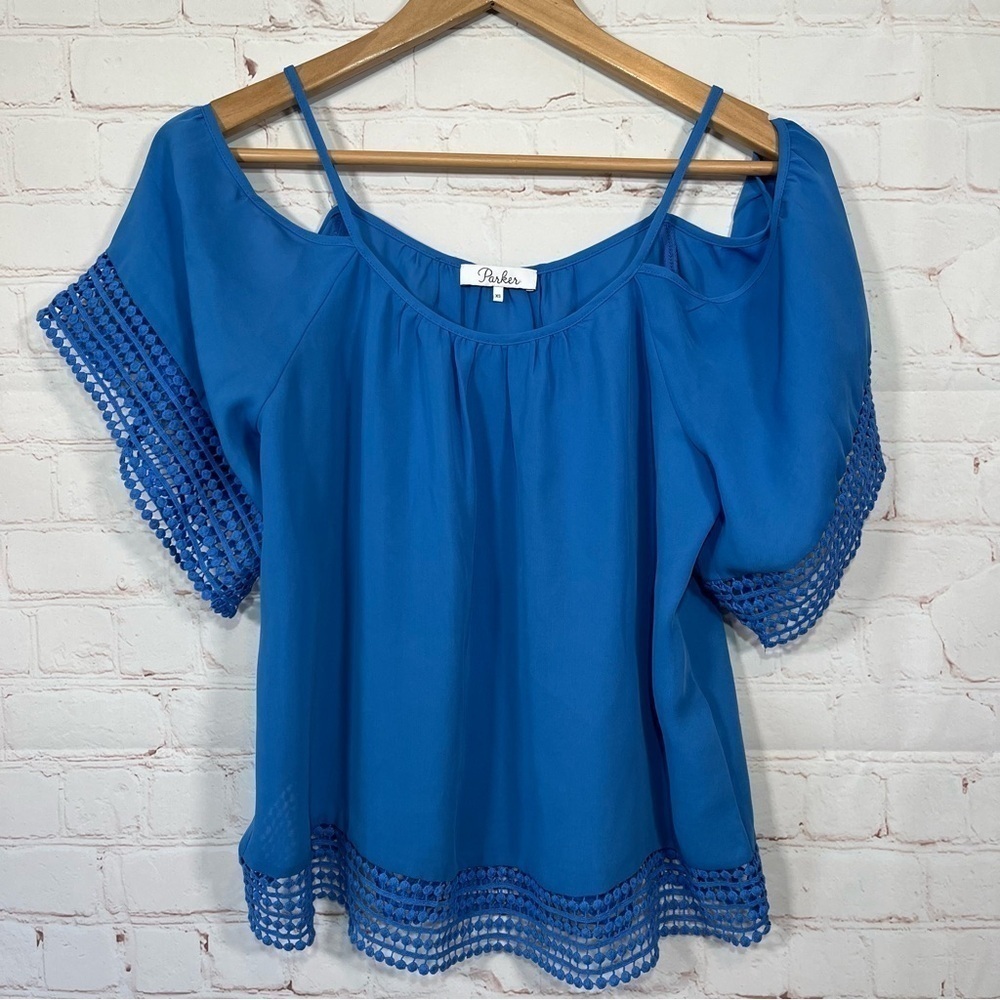 Parker Blouse Womens Size XS Blue  Cold Shoulder Detailed Eyelet Shirt